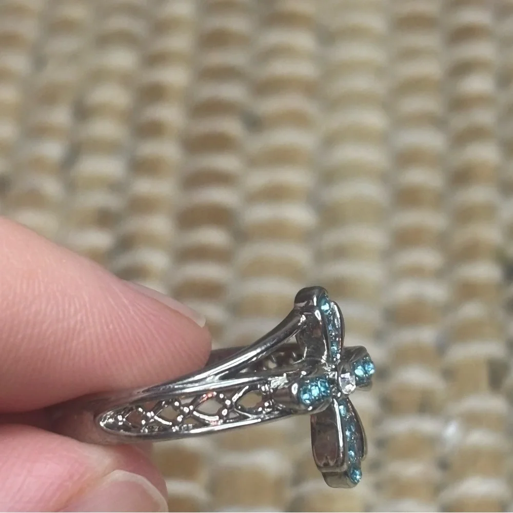 Blue and Clear CZ Silver Tone Cross Ring With God All Things are Possible Size 9 - Picture 5 of 9